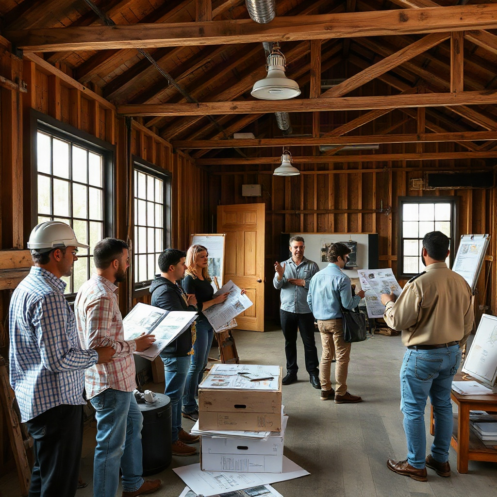 Production team reviewing storyboards in the converted grain station office